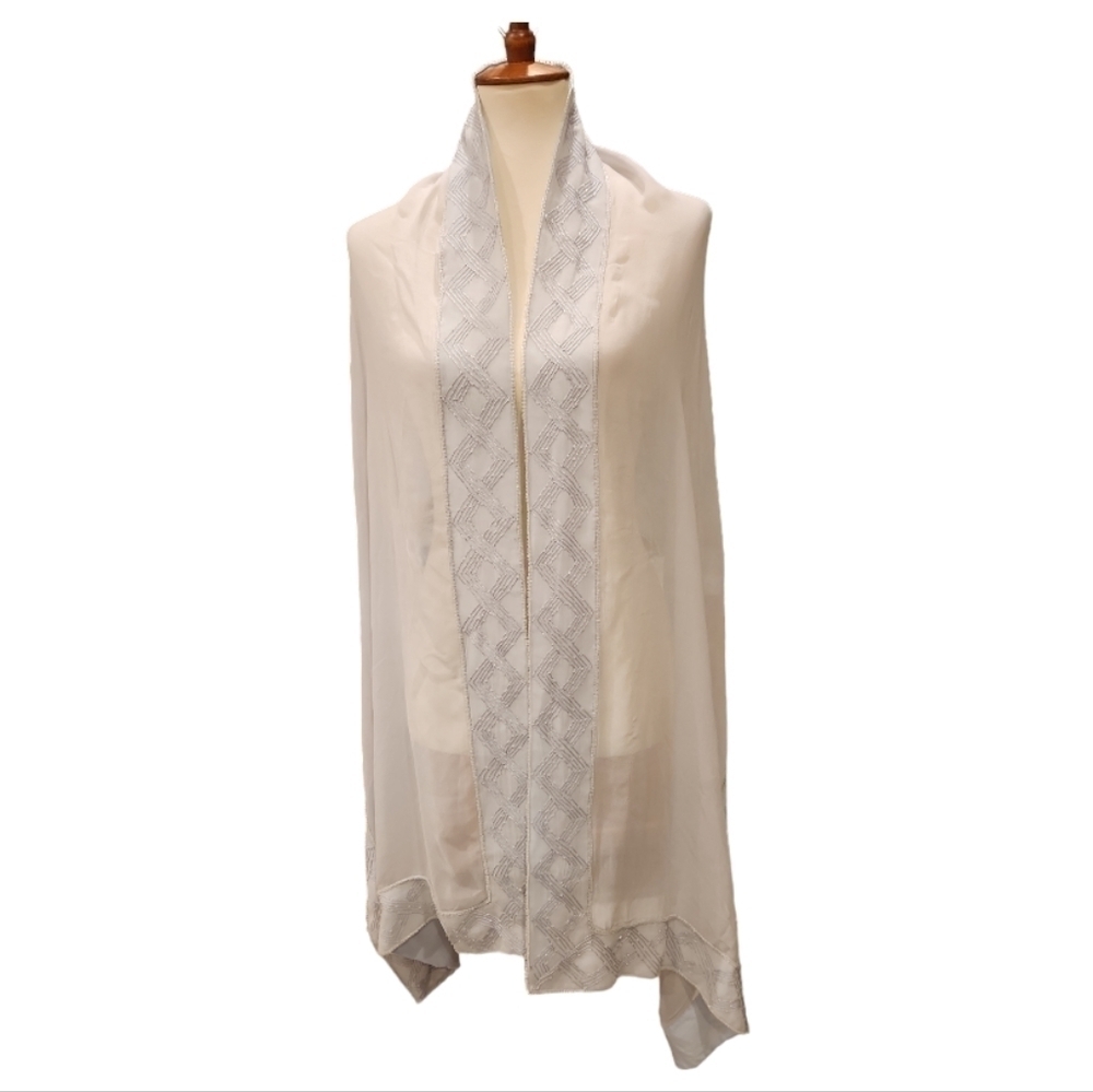 Bernie of New York Beaded Sheer Silk Scarf Dove Gray 21"×81